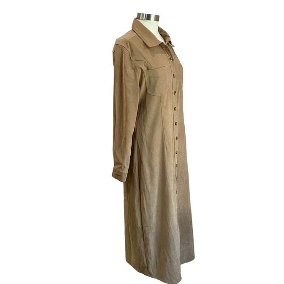 Vintage Joanna Tan Soft Midi Shirt Dress Button Down Long Sleeve Duster Sz M - Picture 5 of 11
